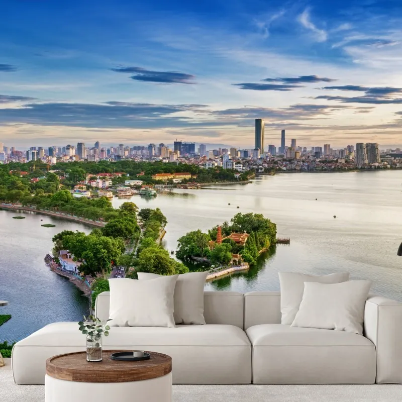 Fototapeta spokojna miejska panorama nad jeziorem – Wallissimo® Fototapeta spokojna miejska panorama nad jeziorem – Wallissimo®