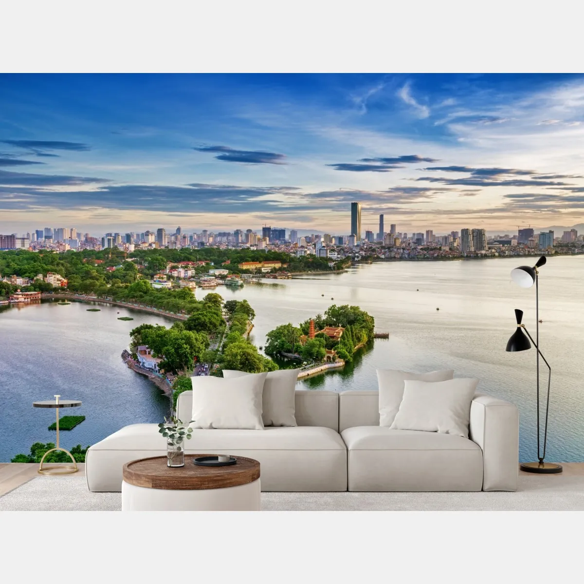 Fototapeta spokojna miejska panorama nad jeziorem – Wallissimo® Fototapeta spokojna miejska panorama nad jeziorem – Wallissimo®