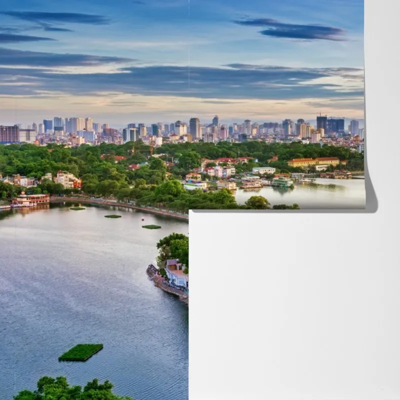 Fototapeta spokojna miejska panorama nad jeziorem – Wallissimo® Fototapeta spokojna miejska panorama nad jeziorem – Wallissimo®