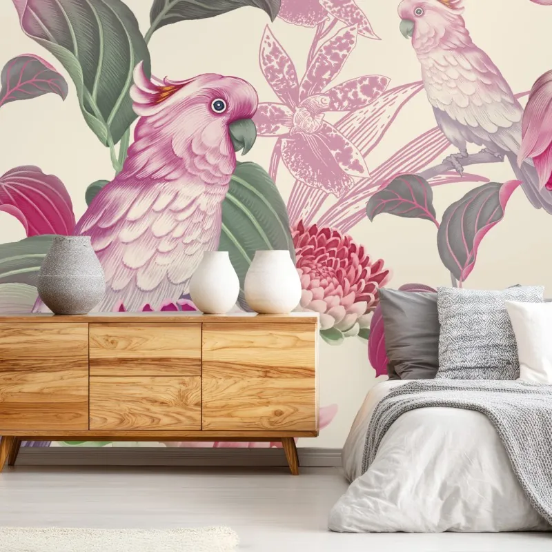 Fototapeta różowa papuga i chryzantema - botaniczny motyw