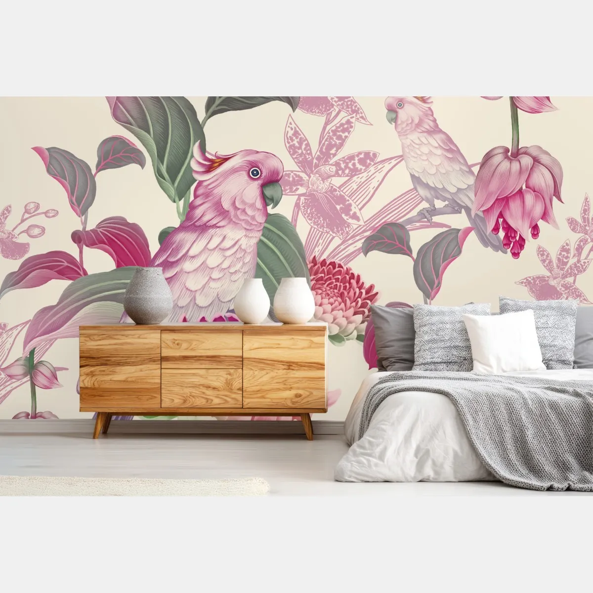 Fototapeta różowa papuga i chryzantema - botaniczny motyw – Wallissimo® Fototapeta różowa papuga i chryzantema - botaniczny motyw – Wallissimo®