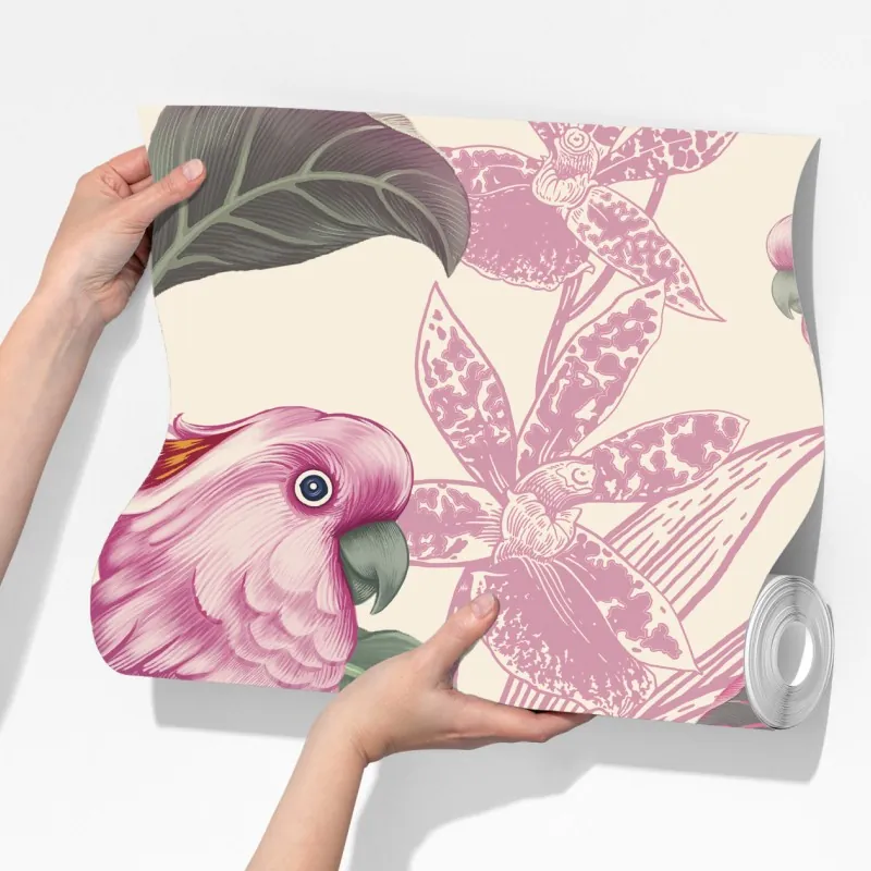 Fototapeta różowa papuga i chryzantema - botaniczny motyw – Wallissimo® Fototapeta różowa papuga i chryzantema - botaniczny motyw – Wallissimo®