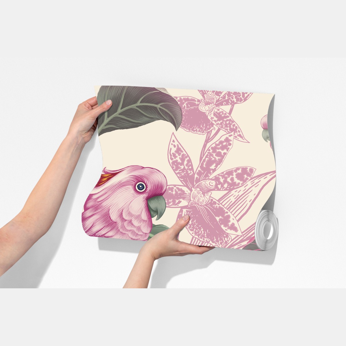 Fototapeta różowa papuga i chryzantema - botaniczny motyw – Wallissimo® Fototapeta różowa papuga i chryzantema - botaniczny motyw – Wallissimo®