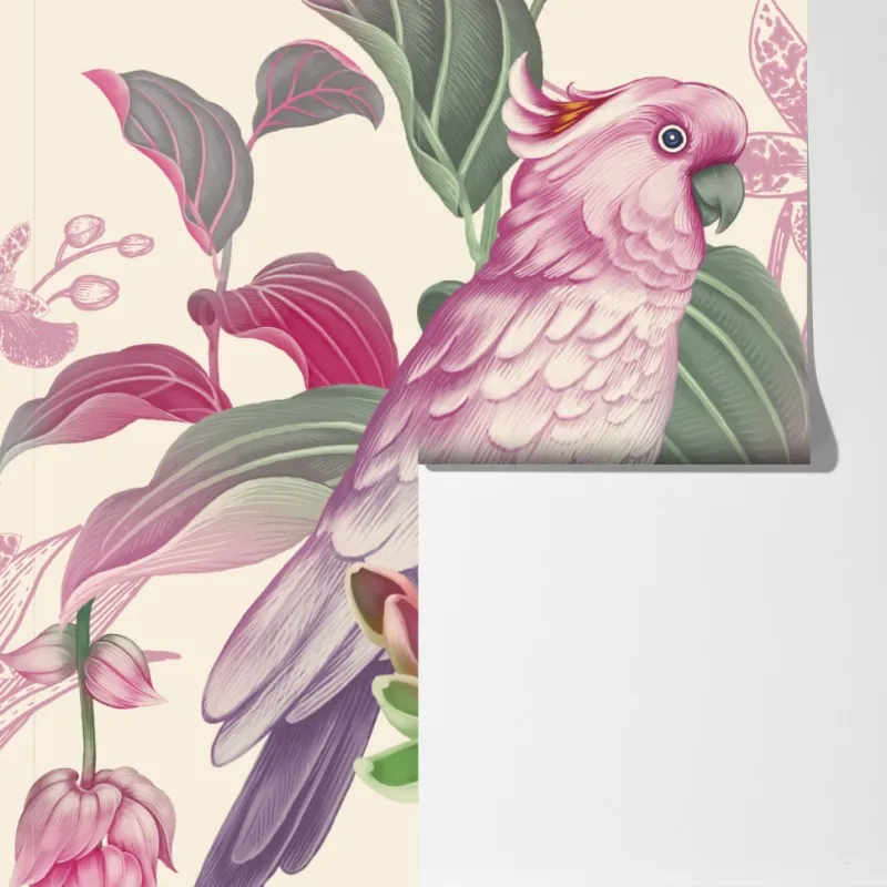 Fototapeta różowa papuga i chryzantema - botaniczny motyw – Wallissimo® Fototapeta różowa papuga i chryzantema - botaniczny motyw – Wallissimo®