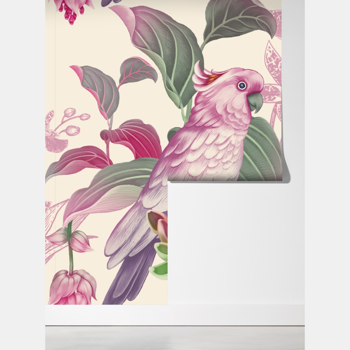 Fototapeta różowa papuga i chryzantema - botaniczny motyw – Wallissimo® Fototapeta różowa papuga i chryzantema - botaniczny motyw – Wallissimo®