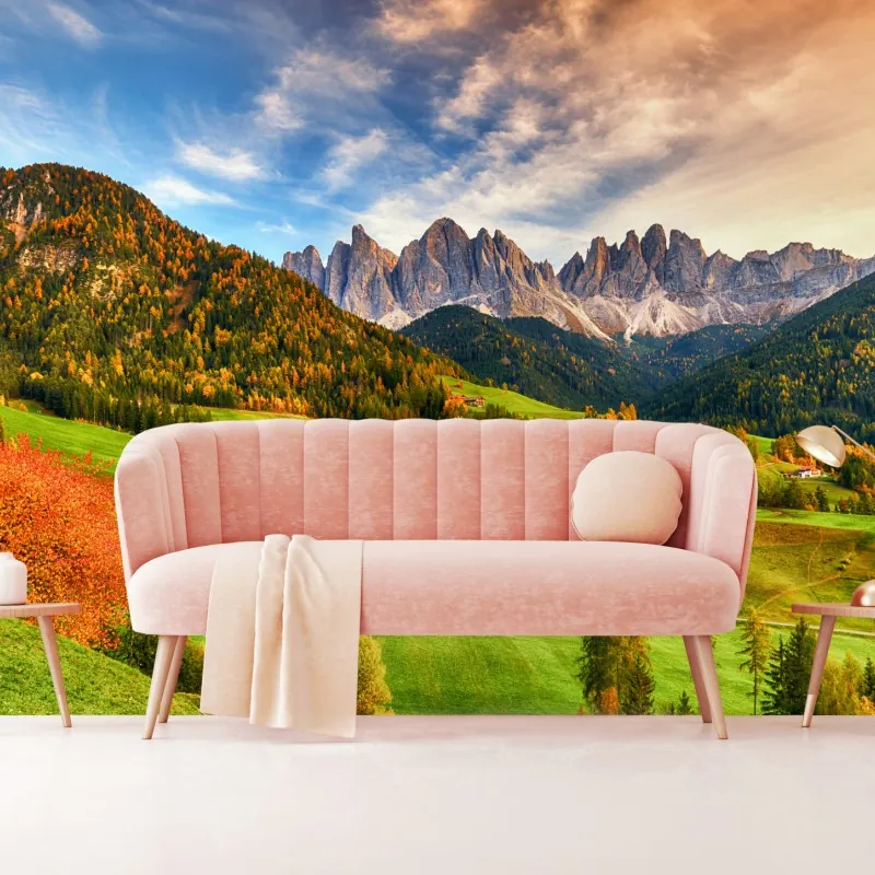 Fototapeta jesienny zachód słońca nad Santa Maddalena, Dolomity