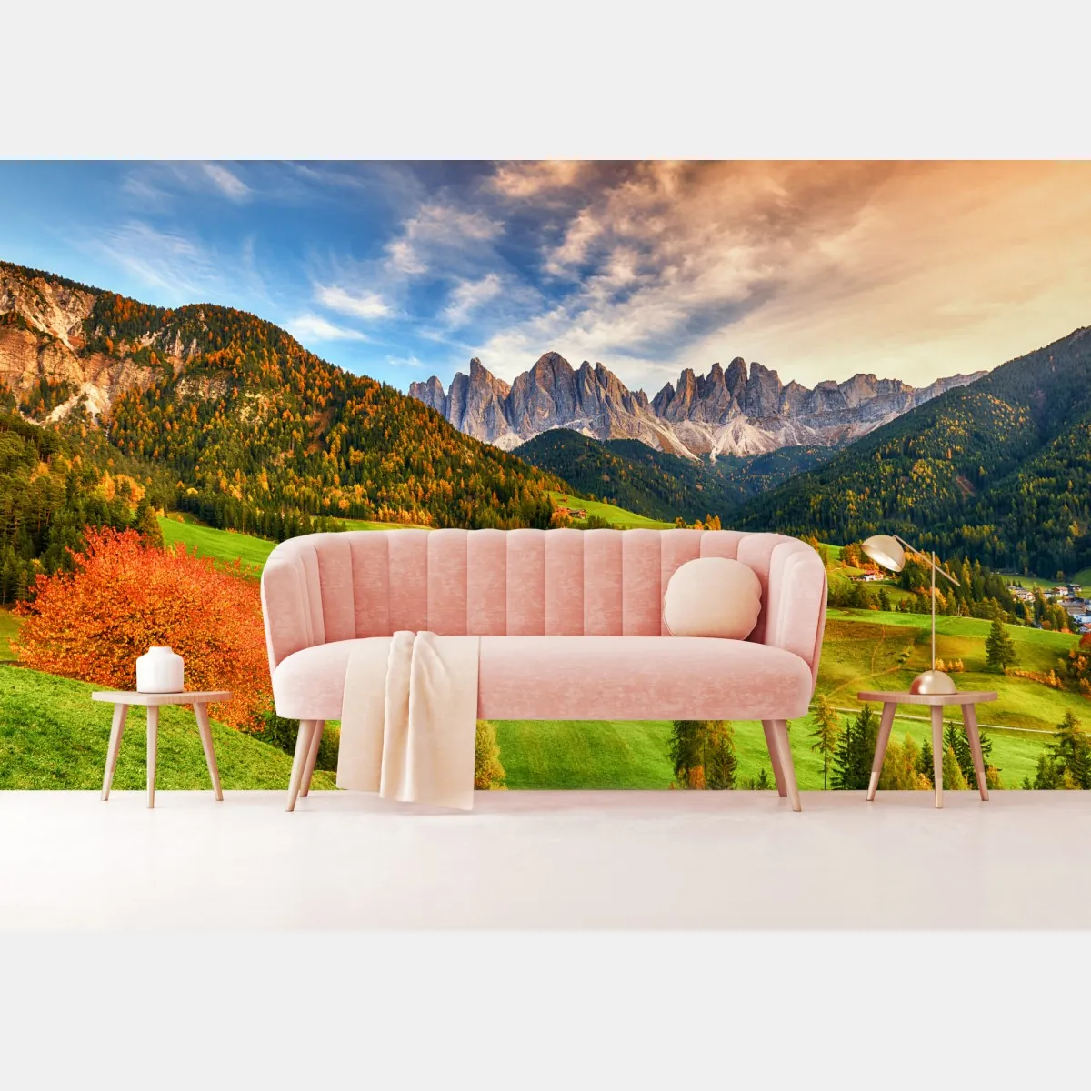 Fototapeta jesienny zachód słońca nad Santa Maddalena, Dolomity – Wallissimo® Fototapeta jesienny zachód słońca nad Santa Maddalena, Dolomity – Wallissimo®
