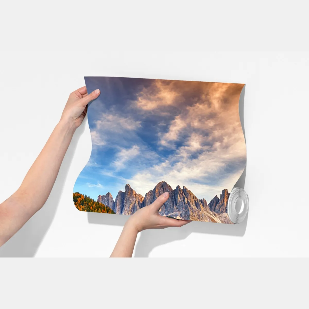 Fototapeta jesienny zachód słońca nad Santa Maddalena, Dolomity – Wallissimo® Fototapeta jesienny zachód słońca nad Santa Maddalena, Dolomity – Wallissimo®