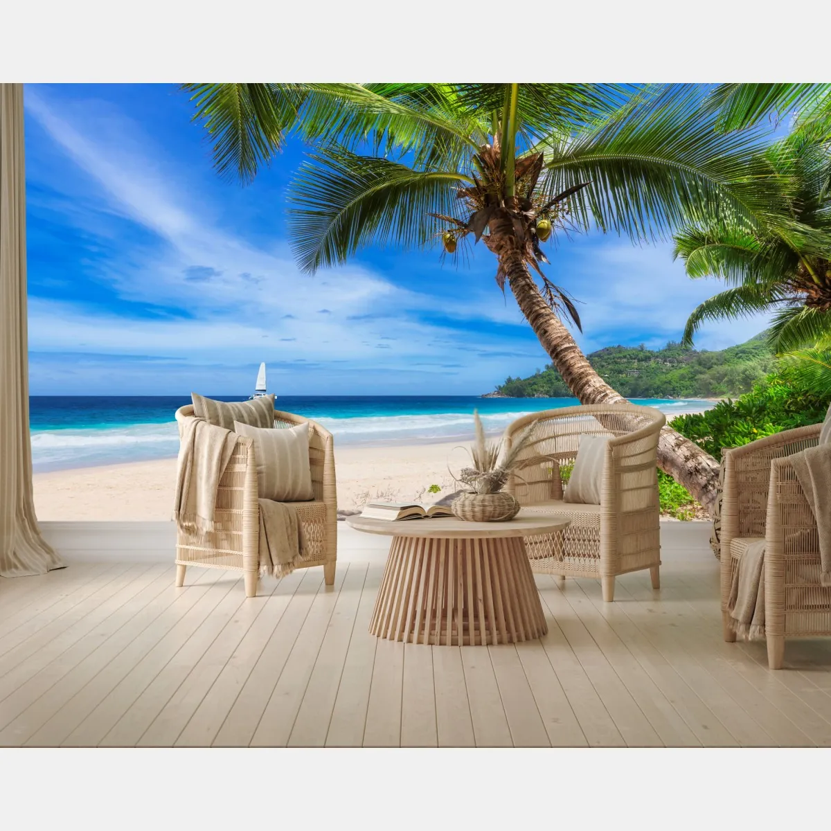 Fototapeta tropikalna plaża z palmą – Wallissimo® Fototapeta tropikalna plaża z palmą – Wallissimo®