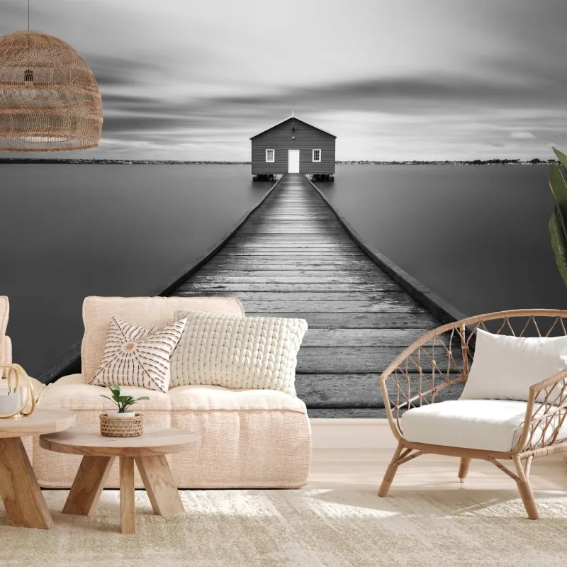 Fototapeta samotny domek na pomoście nad spokojną wodą