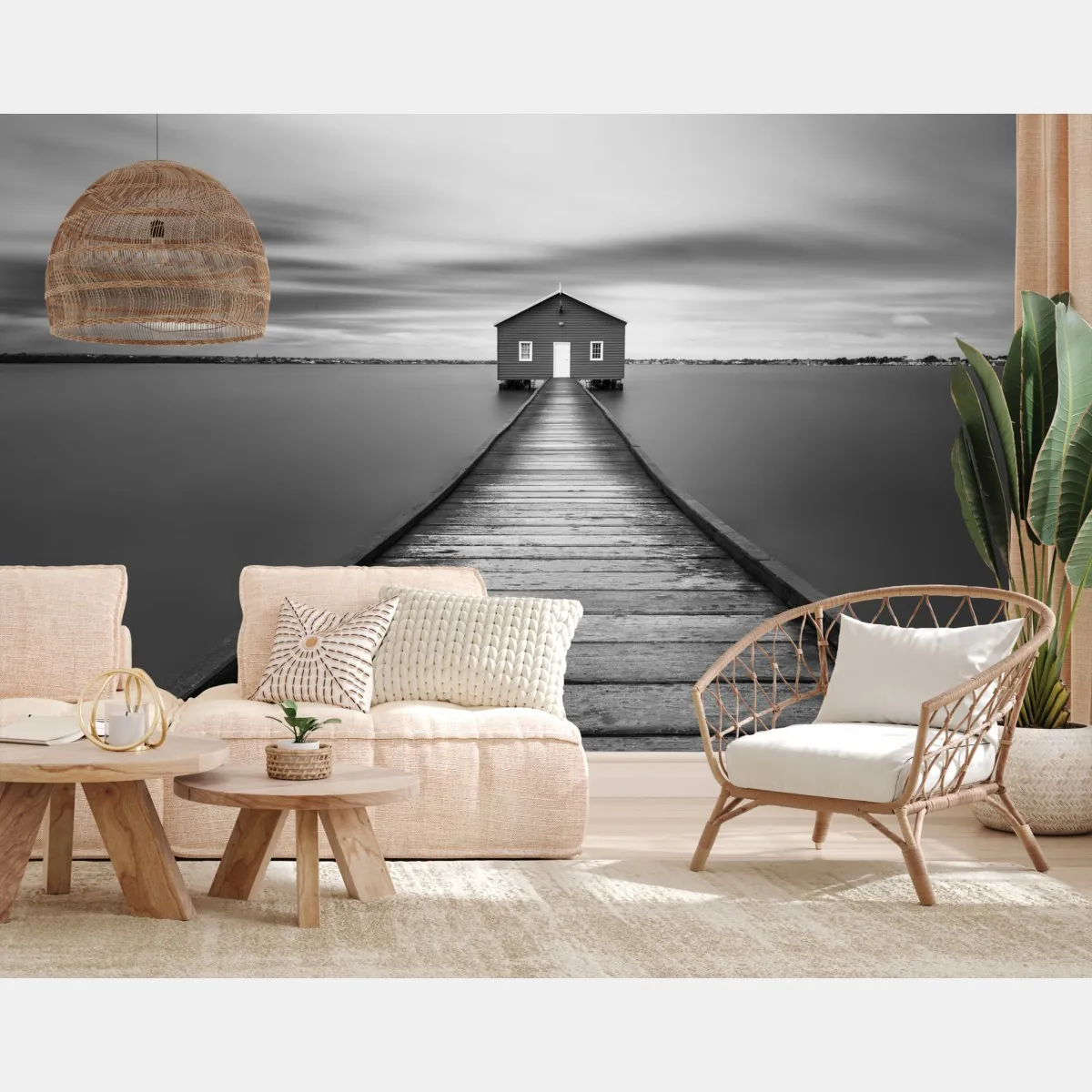 Fototapeta samotny domek na pomoście nad spokojną wodą – Wallissimo® Fototapeta samotny domek na pomoście nad spokojną wodą – Wallissimo®