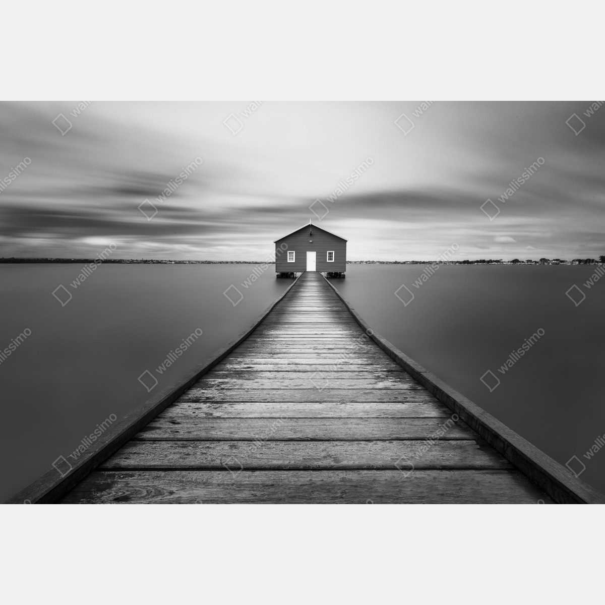 Fototapeta samotny domek na pomoście nad spokojną wodą – Wallissimo® Fototapeta samotny domek na pomoście nad spokojną wodą – Wallissimo®