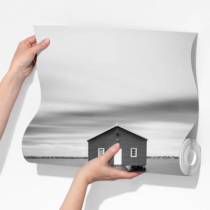 Fototapeta samotny domek na pomoście nad spokojną wodą – Wallissimo® Fototapeta samotny domek na pomoście nad spokojną wodą – Wallissimo®