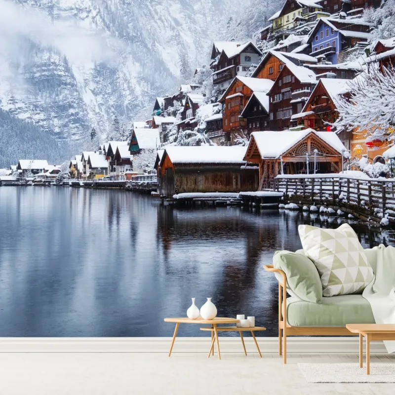 Fototapeta śnieżna wieś Hallstatt nad jeziorem