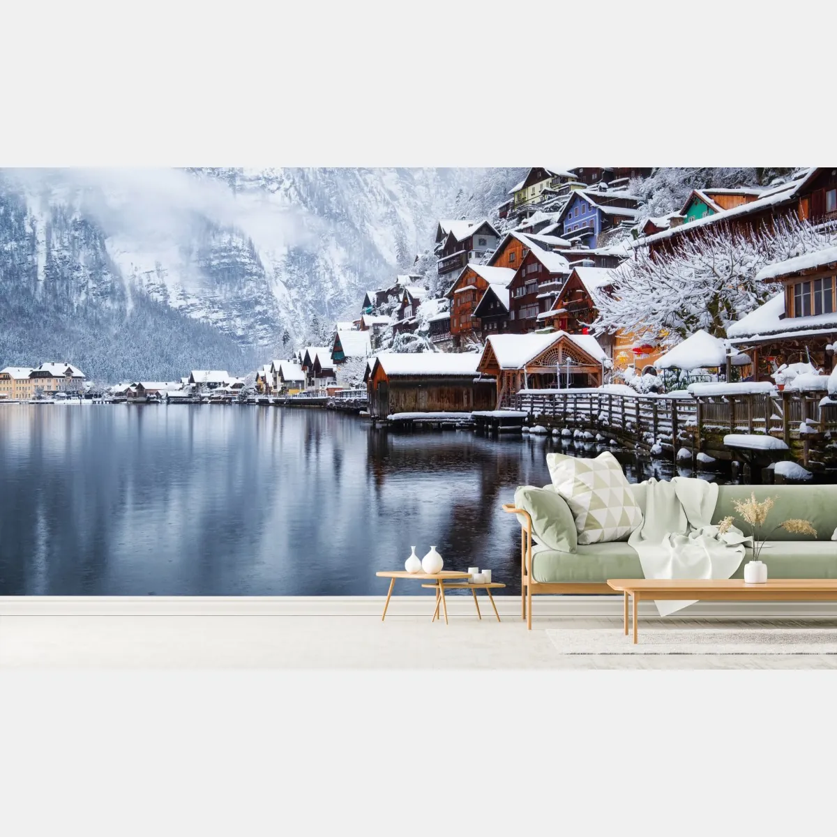 Fototapeta śnieżna wieś Hallstatt nad jeziorem – Wallissimo® Fototapeta śnieżna wieś Hallstatt nad jeziorem – Wallissimo®
