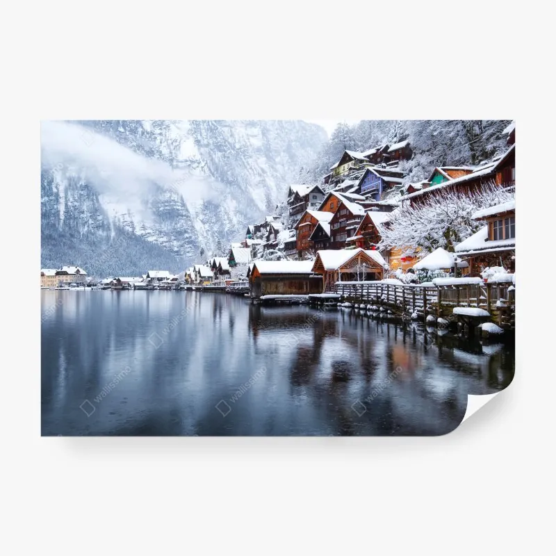 Fototapeta śnieżna wieś Hallstatt nad jeziorem