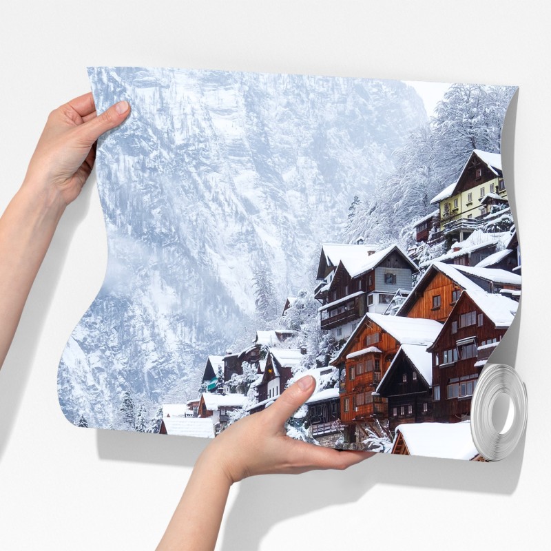 Fototapeta śnieżna wieś Hallstatt nad jeziorem – Wallissimo® Fototapeta śnieżna wieś Hallstatt nad jeziorem – Wallissimo®