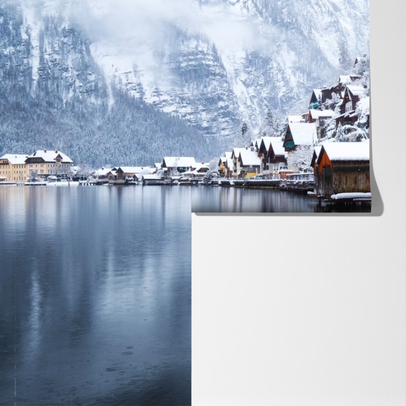 Fototapeta śnieżna wieś Hallstatt nad jeziorem – Wallissimo® Fototapeta śnieżna wieś Hallstatt nad jeziorem – Wallissimo®