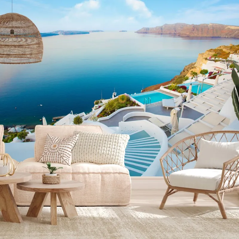 Fototapeta Santorini widok na morze z tarasu