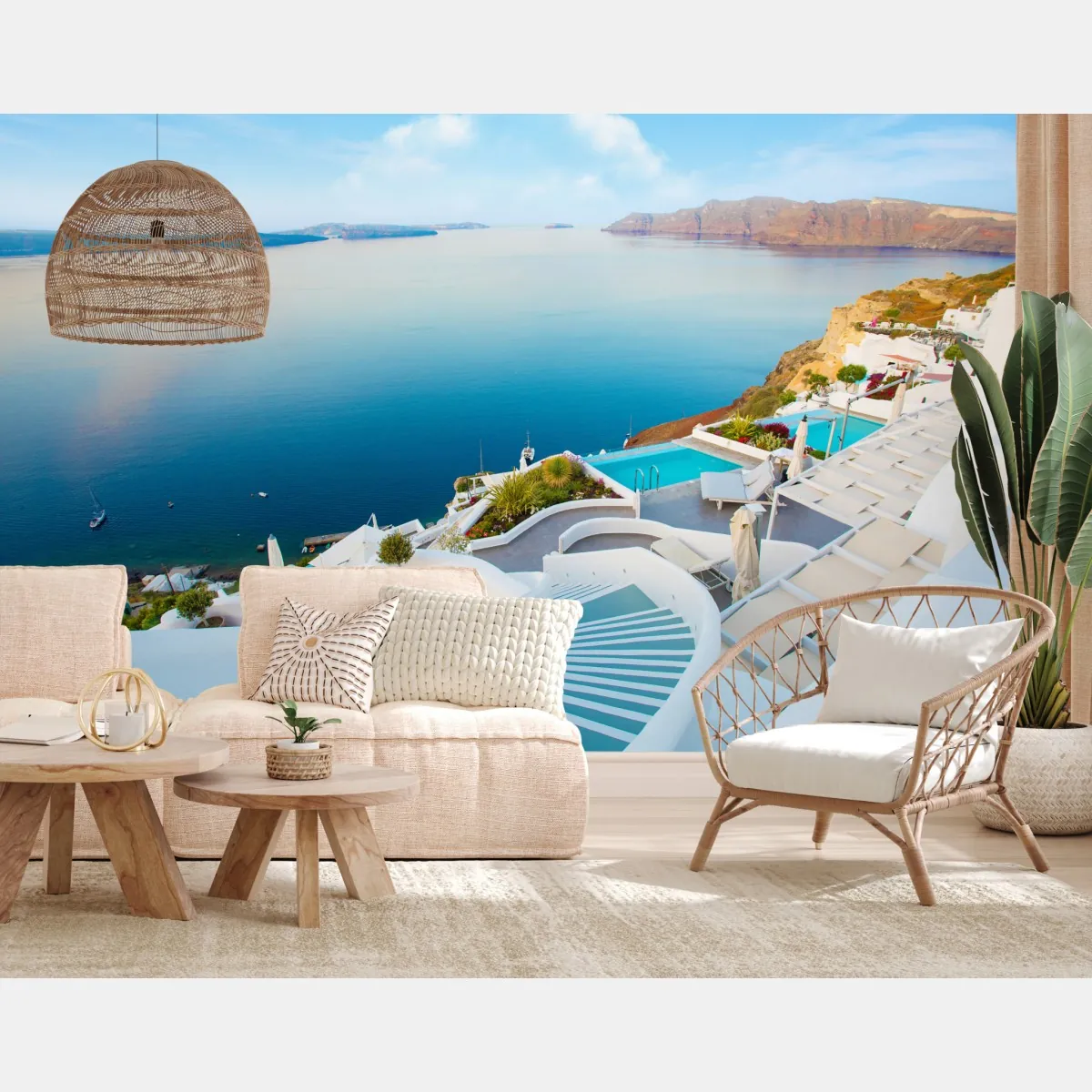 Fototapeta Santorini widok na morze z tarasu – Wallissimo® Fototapeta Santorini widok na morze z tarasu – Wallissimo®