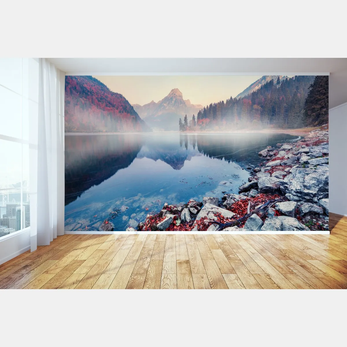 Fototapeta mglisty jesienny poranek nad Obersee, Alpy Szwajcarskie – Wallissimo® Fototapeta mglisty jesienny poranek nad Obersee, Alpy Szwajcarskie – Wallissimo®