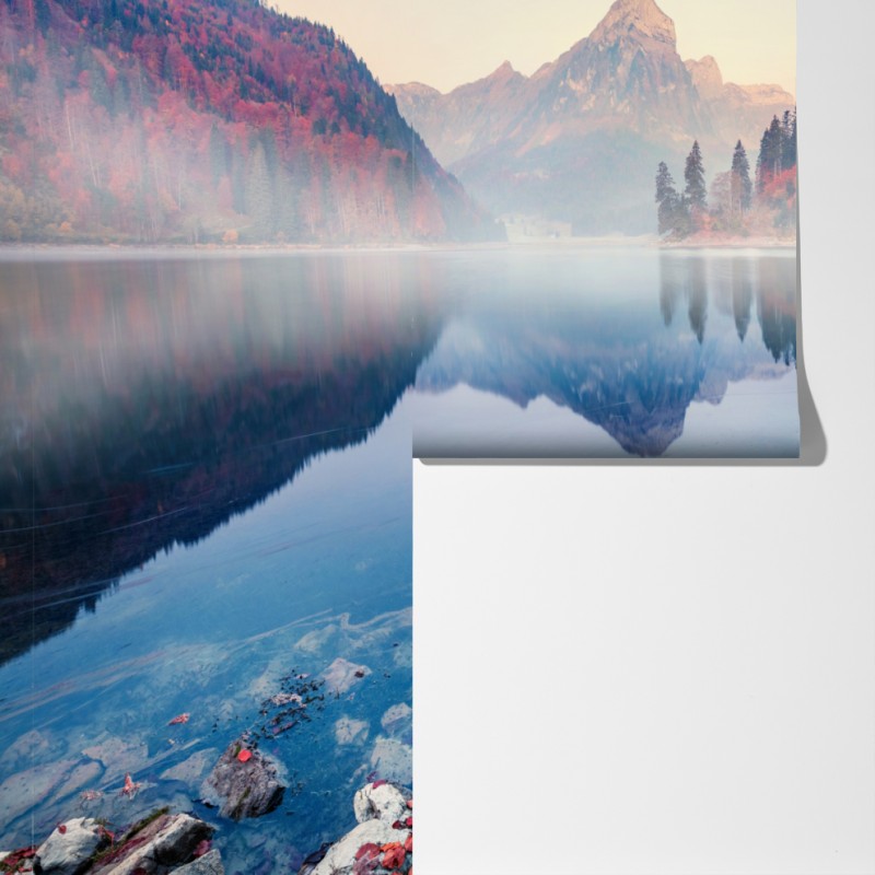 Fototapeta mglisty jesienny poranek nad Obersee, Alpy Szwajcarskie – Wallissimo® Fototapeta mglisty jesienny poranek nad Obersee, Alpy Szwajcarskie – Wallissimo®
