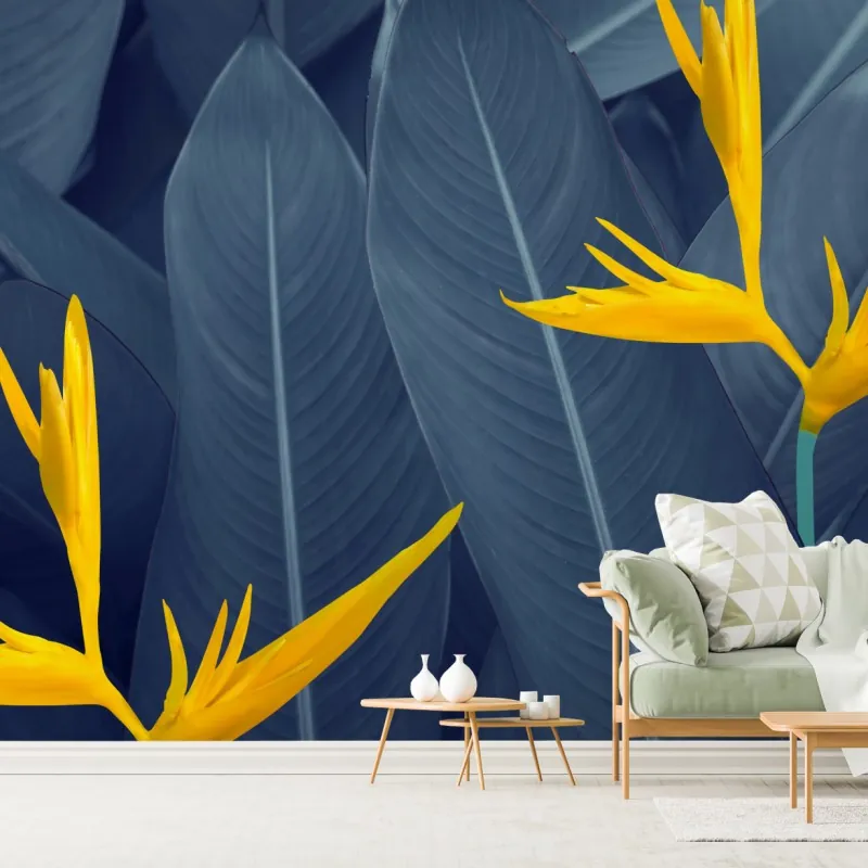 Fototapeta żółta strelicja na niebieskich liściach – Wallissimo® Fototapeta żółta strelicja na niebieskich liściach – Wallissimo®