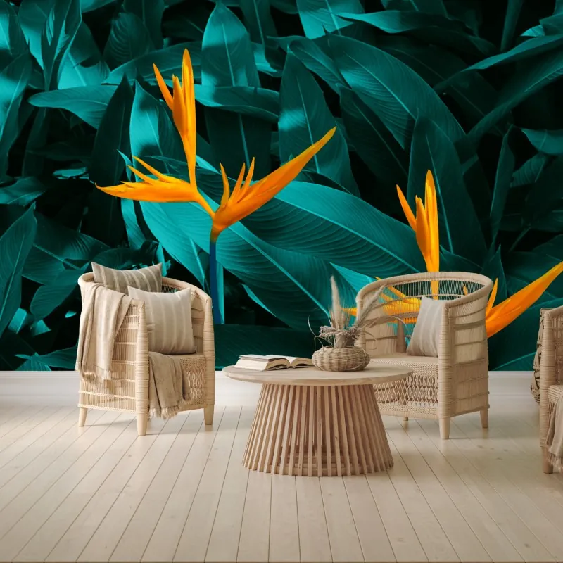 Fototapeta tropikalna strelicja na turkusowych liściach