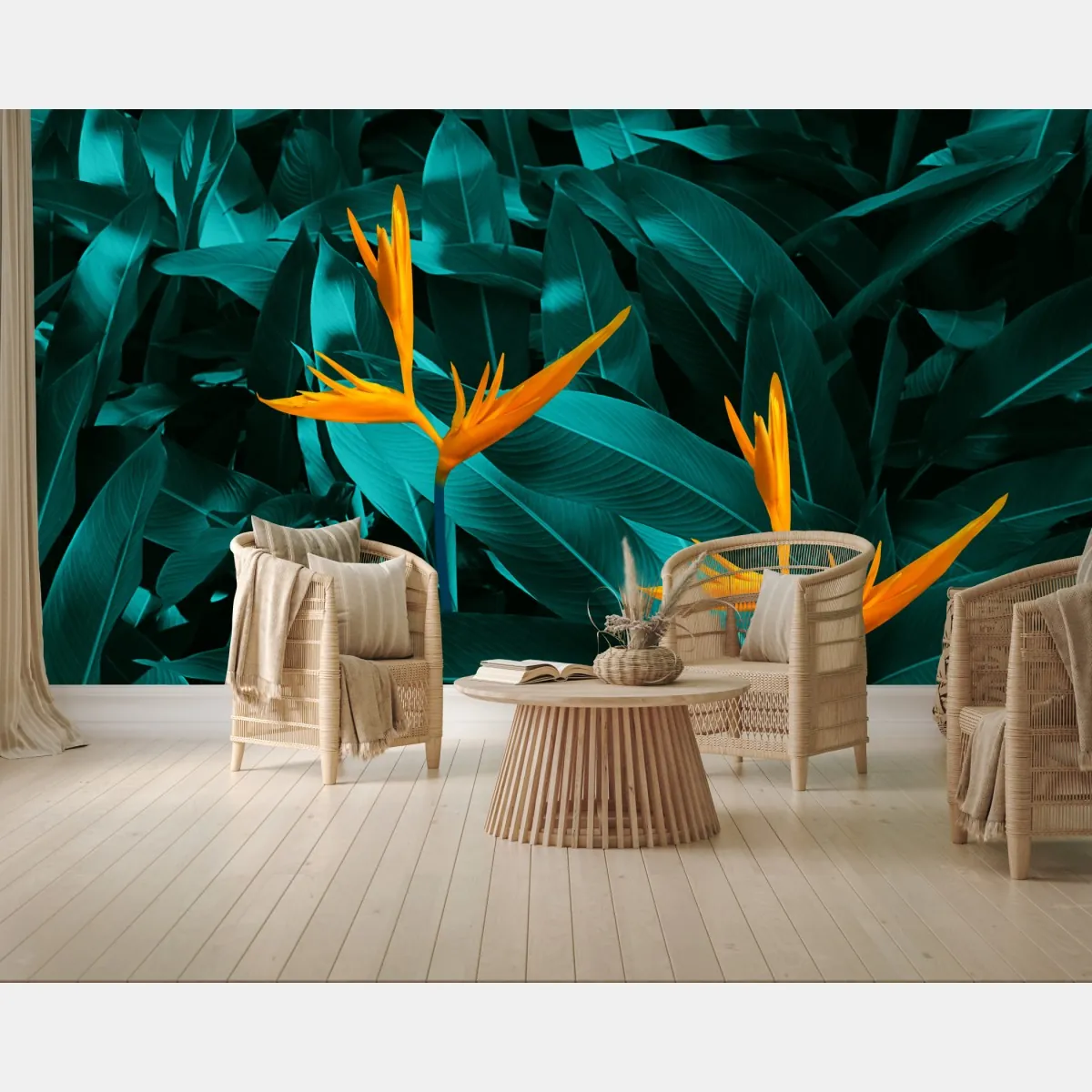 Fototapeta tropikalna strelicja na turkusowych liściach – Wallissimo® Fototapeta tropikalna strelicja na turkusowych liściach – Wallissimo®