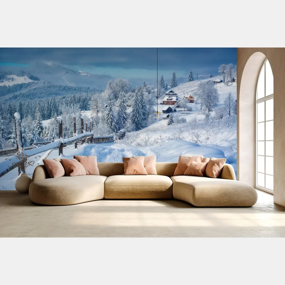 Fototapeta zimowa ścieżka do alpejskiej wioski – Wallissimo® Fototapeta zimowa ścieżka do alpejskiej wioski – Wallissimo®