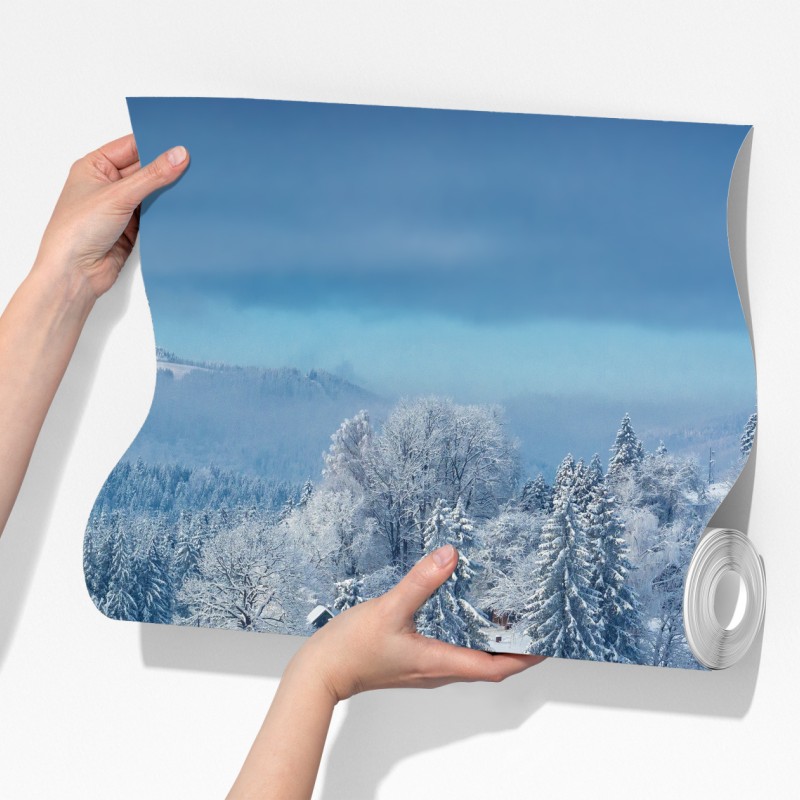 Fototapeta zimowa ścieżka do alpejskiej wioski – Wallissimo® Fototapeta zimowa ścieżka do alpejskiej wioski – Wallissimo®