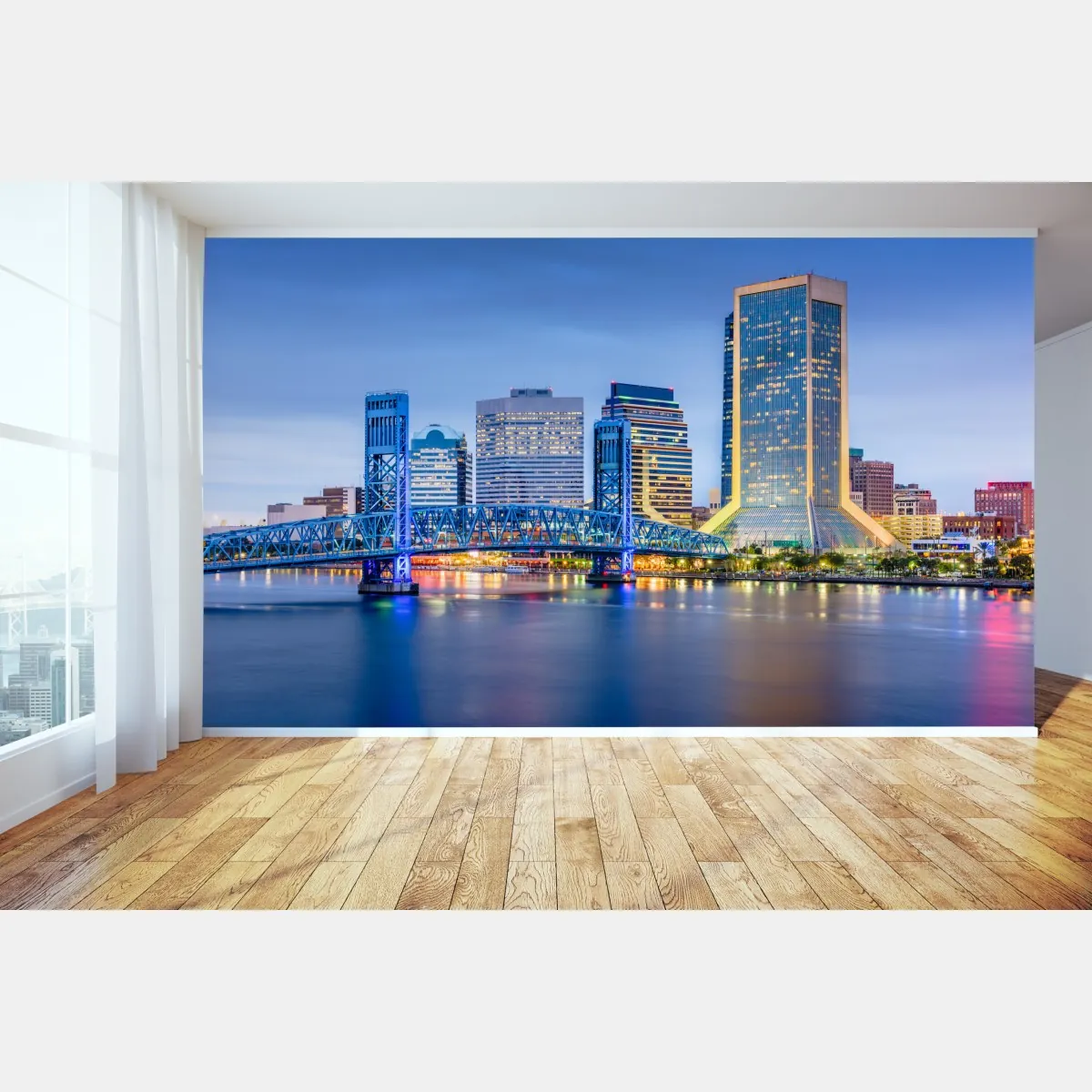 Fototapeta Jacksonville panorama miasta o zmierzchu – Wallissimo® Fototapeta Jacksonville panorama miasta o zmierzchu – Wallissimo®