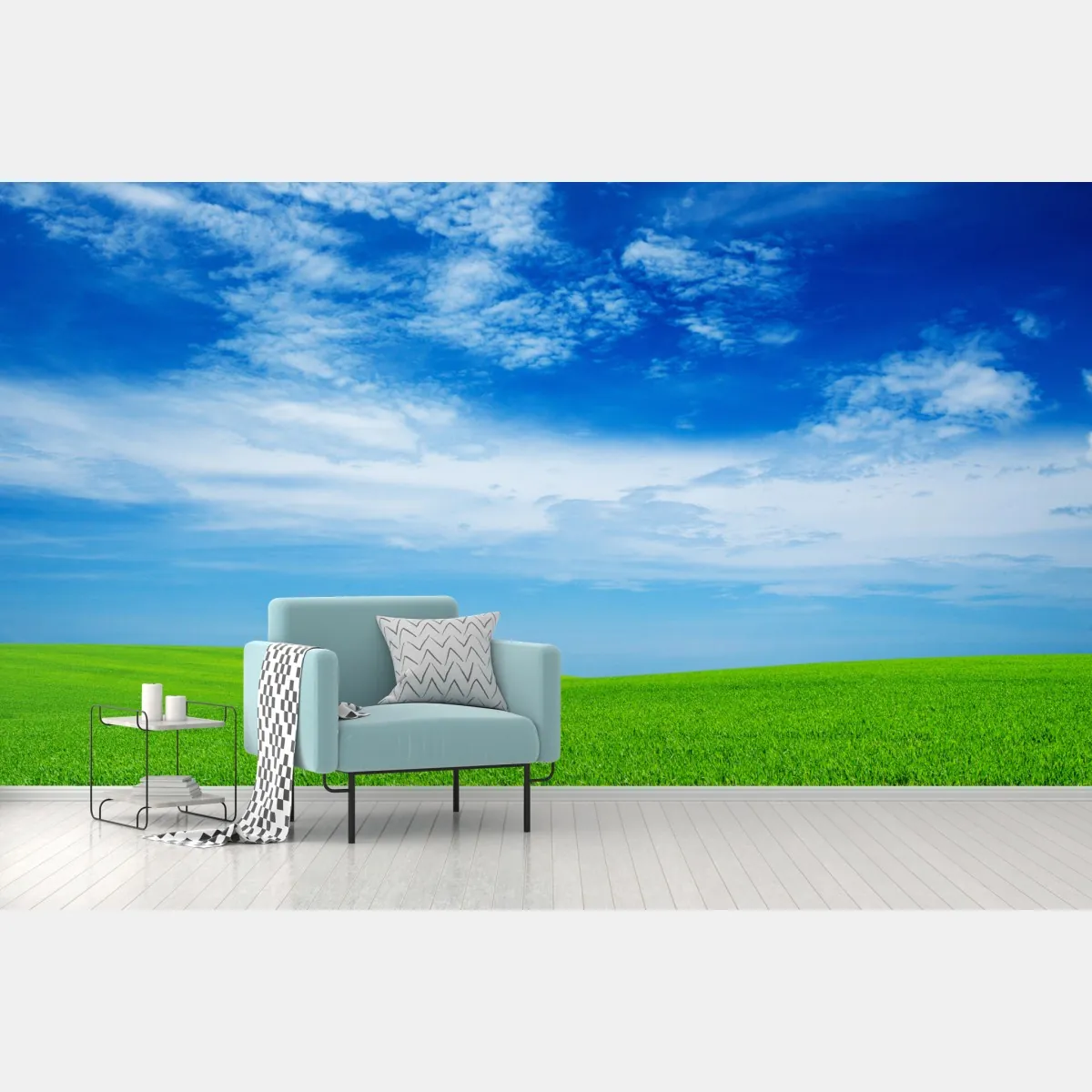 Fototapeta zielona łąka pod błękitnym niebem – Wallissimo® Fototapeta zielona łąka pod błękitnym niebem – Wallissimo®