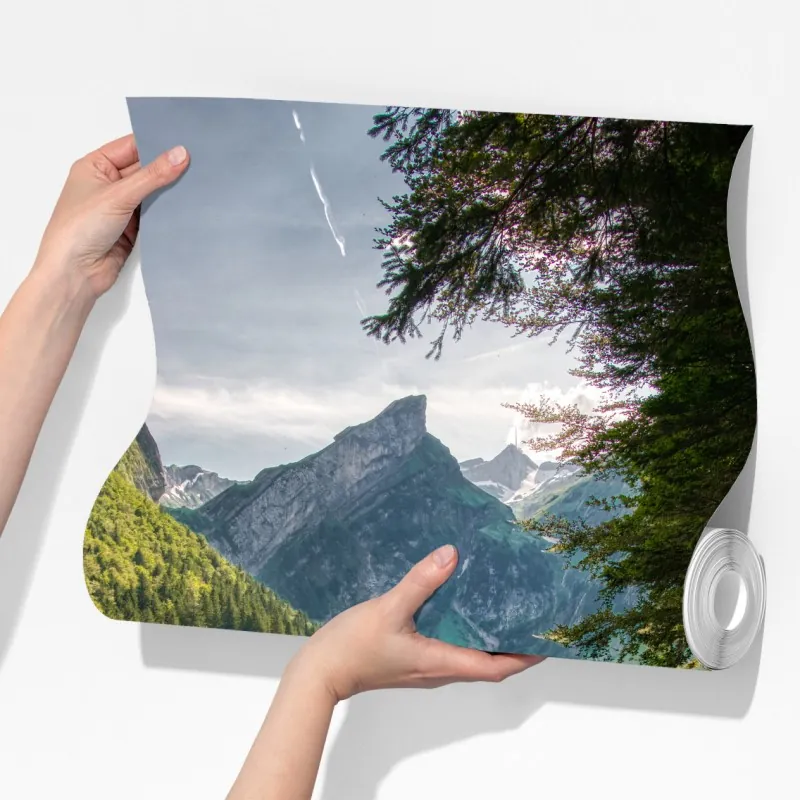 Fototapeta spokojne górskie jezioro z odbiciami lasu – Wallissimo® Fototapeta spokojne górskie jezioro z odbiciami lasu – Wallissimo®