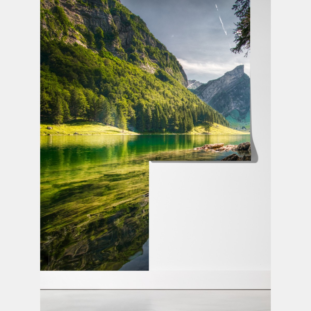 Fototapeta spokojne górskie jezioro z odbiciami lasu – Wallissimo® Fototapeta spokojne górskie jezioro z odbiciami lasu – Wallissimo®