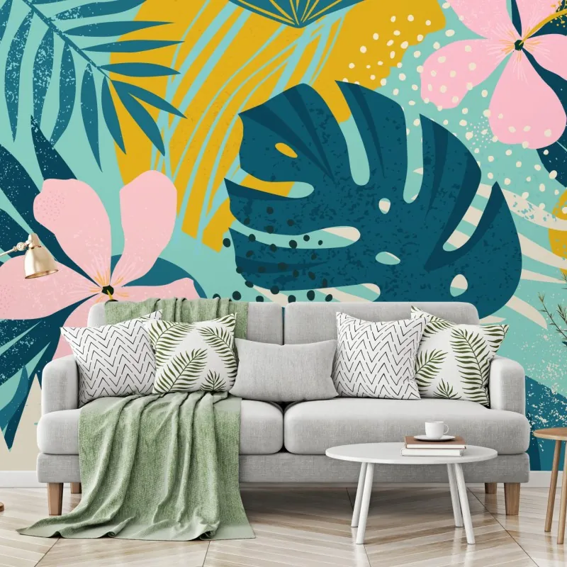 Fototapeta tropikalne liście i kwiaty – Wallissimo® Fototapeta tropikalne liście i kwiaty – Wallissimo®