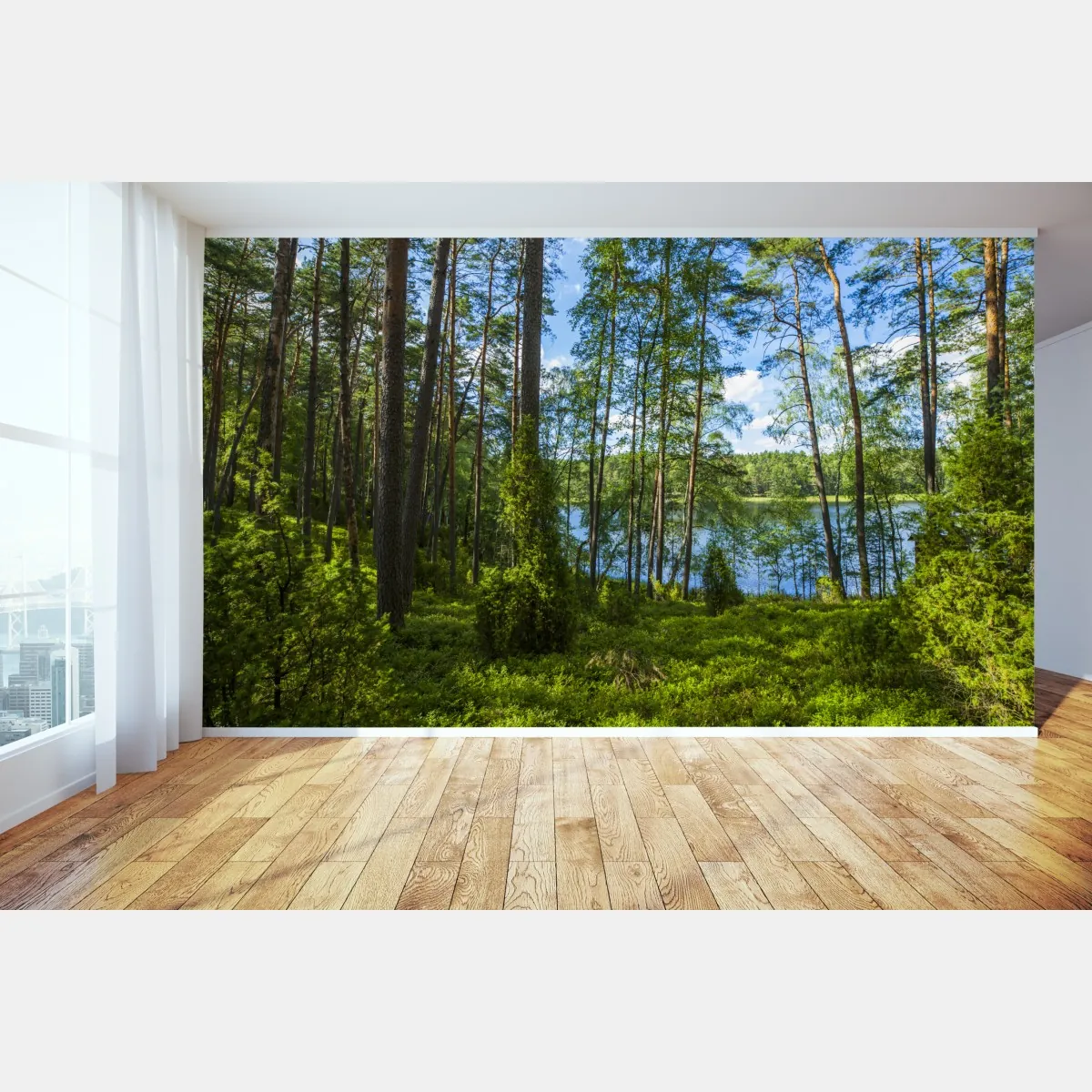 Fototapeta spokojny las sosnowy nad jeziorem – Wallissimo® Fototapeta spokojny las sosnowy nad jeziorem – Wallissimo®