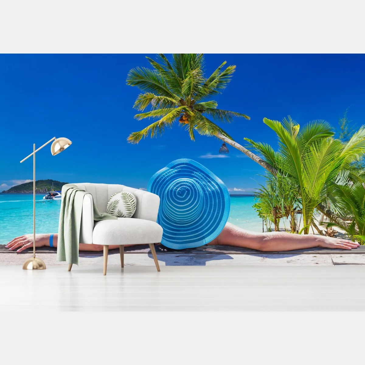 Fototapeta tropikalna plaża z niebieskim kapeluszem – Wallissimo® Fototapeta tropikalna plaża z niebieskim kapeluszem – Wallissimo®