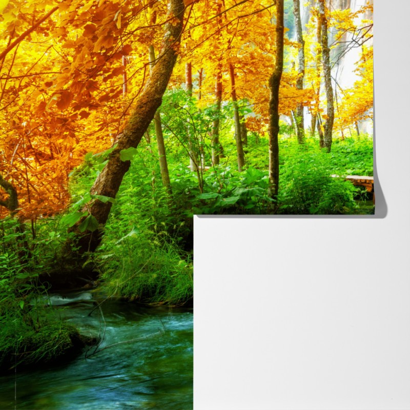 Fototapeta złoty pomost w lesie nad Plitwickimi Jeziorami – Wallissimo® Fototapeta złoty pomost w lesie nad Plitwickimi Jeziorami – Wallissimo®