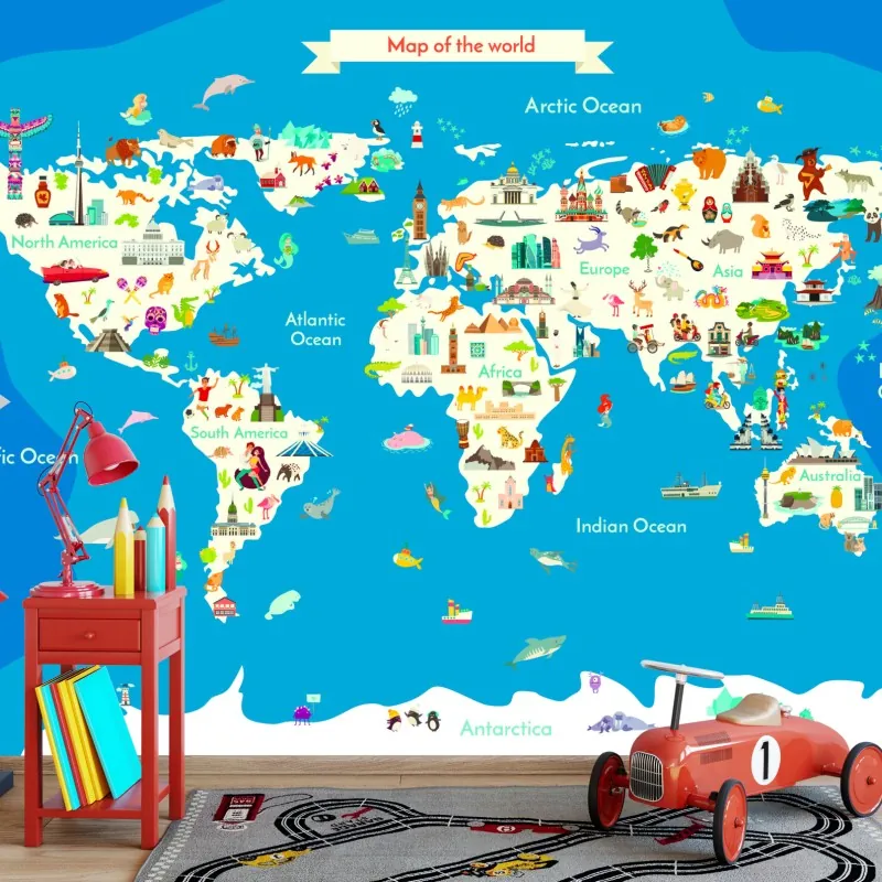 Fototapeta kolorowa ilustrowana mapa świata dla dzieci