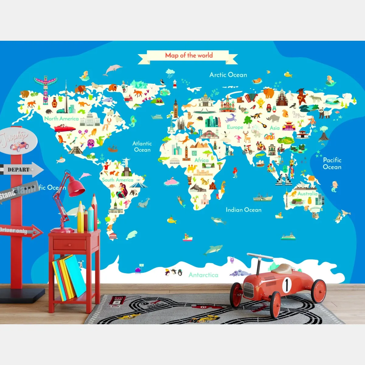 Fototapeta kolorowa ilustrowana mapa świata dla dzieci – Wallissimo® Fototapeta kolorowa ilustrowana mapa świata dla dzieci – Wallissimo®