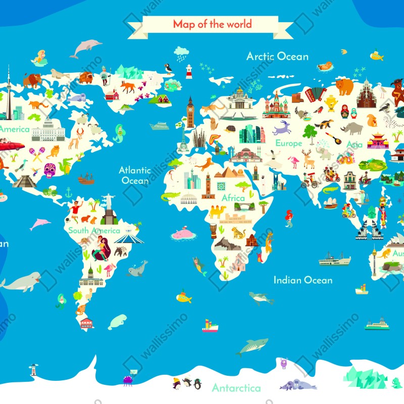 Fototapeta kolorowa ilustrowana mapa świata dla dzieci – Wallissimo® Fototapeta kolorowa ilustrowana mapa świata dla dzieci – Wallissimo®