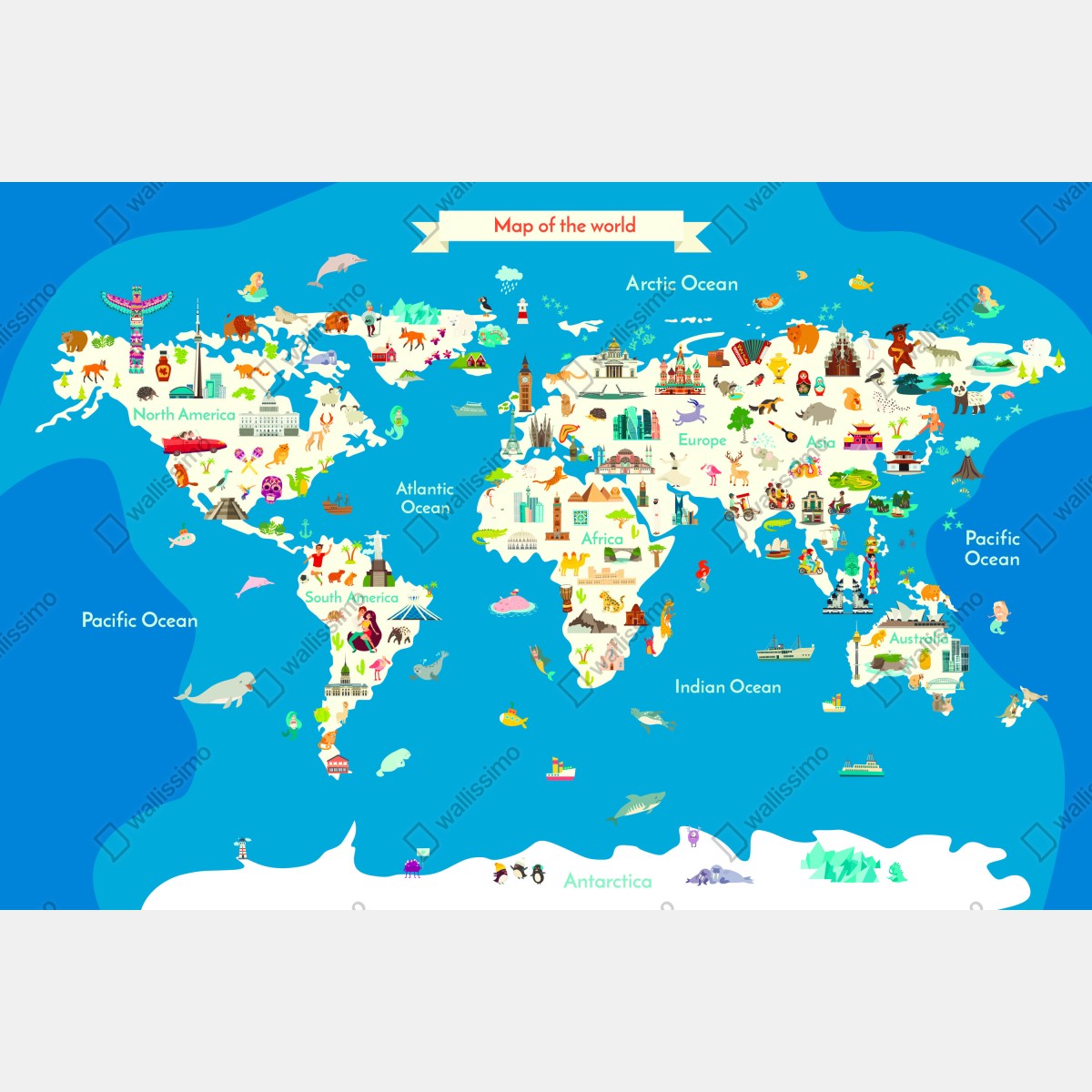 Fototapeta kolorowa ilustrowana mapa świata dla dzieci – Wallissimo® Fototapeta kolorowa ilustrowana mapa świata dla dzieci – Wallissimo®