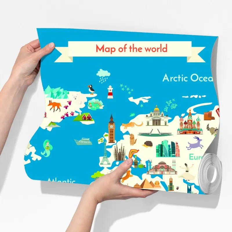 Fototapeta kolorowa ilustrowana mapa świata dla dzieci – Wallissimo® Fototapeta kolorowa ilustrowana mapa świata dla dzieci – Wallissimo®