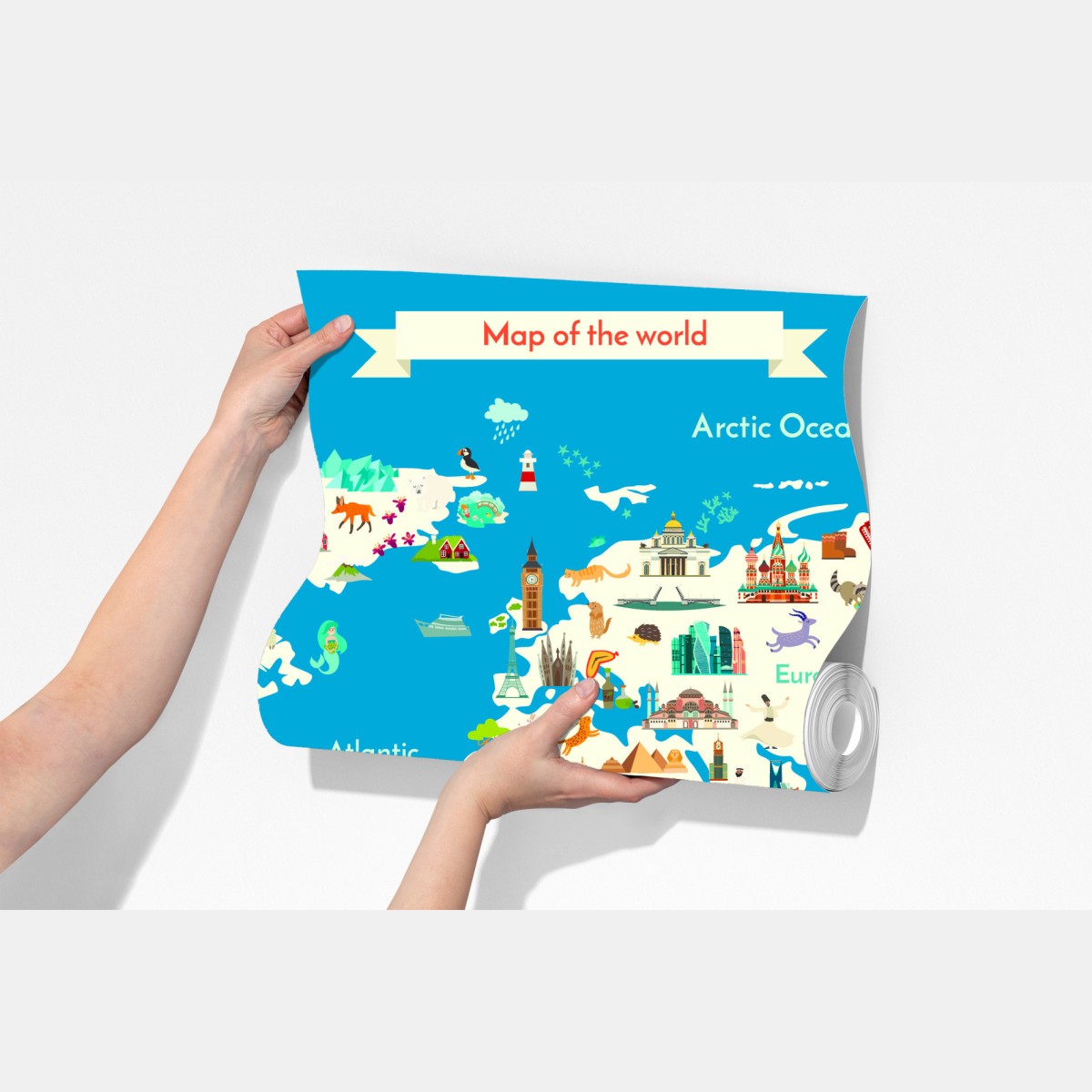 Fototapeta kolorowa ilustrowana mapa świata dla dzieci – Wallissimo® Fototapeta kolorowa ilustrowana mapa świata dla dzieci – Wallissimo®