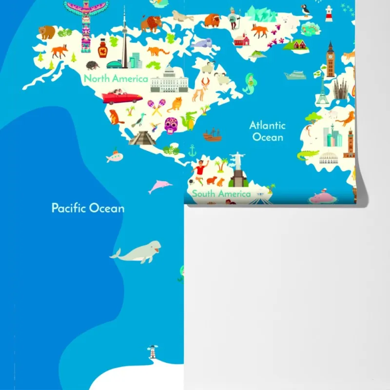 Fototapeta kolorowa ilustrowana mapa świata dla dzieci – Wallissimo® Fototapeta kolorowa ilustrowana mapa świata dla dzieci – Wallissimo®