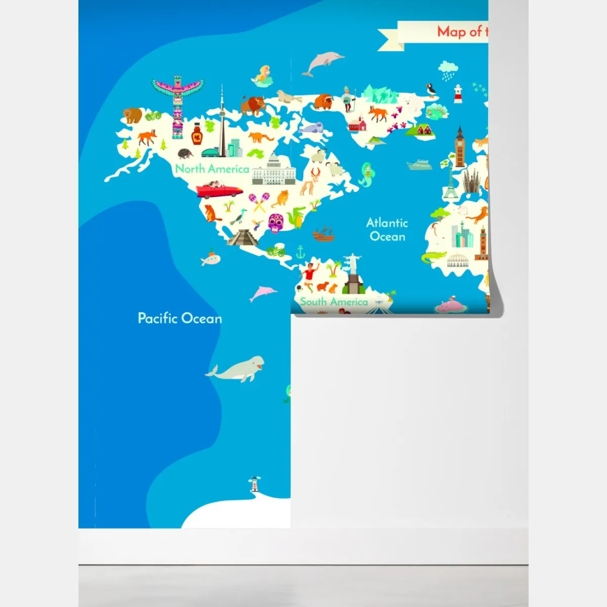 Fototapeta kolorowa ilustrowana mapa świata dla dzieci – Wallissimo® Fototapeta kolorowa ilustrowana mapa świata dla dzieci – Wallissimo®