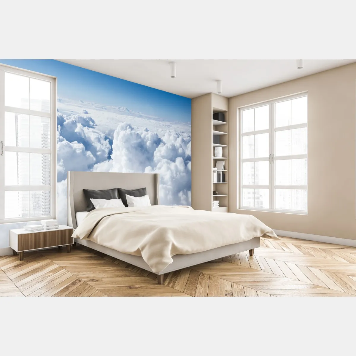 Fototapeta widok z lotu ptaka: miękkie chmury i błękitne niebo – Wallissimo® Fototapeta widok z lotu ptaka: miękkie chmury i błękitne niebo – Wallissimo®