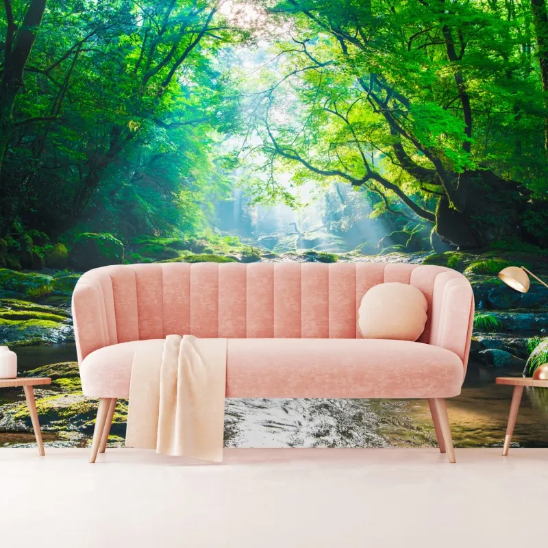 Fototapeta słoneczny leśny strumień z mchem