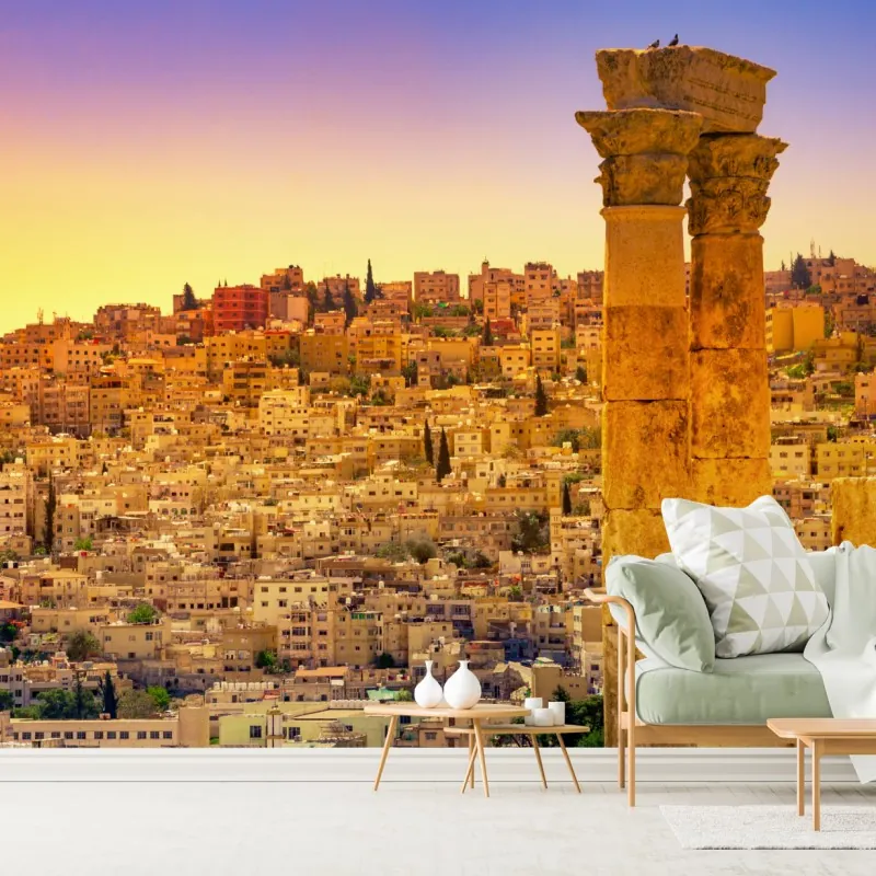 Fototapeta złota panorama Ammanu z antycznymi kolumnami – Wallissimo® Fototapeta złota panorama Ammanu z antycznymi kolumnami – Wallissimo®